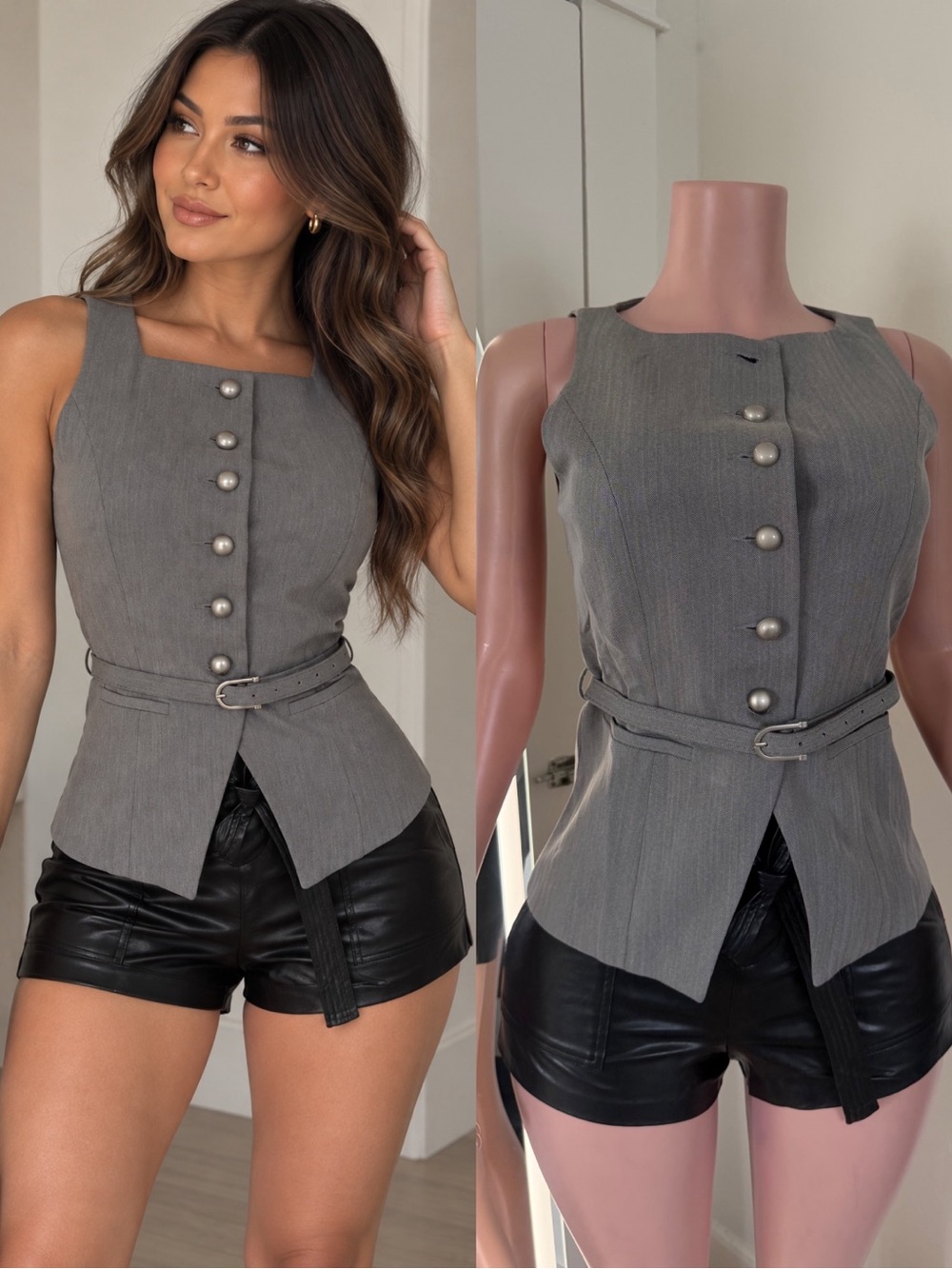 Tailored Grey Sleeveless Button-Front Waist-Cinch Top